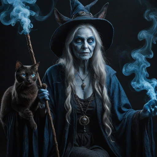 Close-up of a mysterious old crone female witch and her cat made of blue smoke are standing in the dark cackling evilly at the viewer. The smoke is a deep blue, and the background is black. The crone is wearing a long, flowing robe and has a pointed hat on her head. She is holding a staff in one hand and has a mischievous look on her face. The cat is sitting at her feet, looking up at her with glowing blue eyes. The smoke around them is swirling and shifting, as if it has a life of its own. The overall effect is eerie and magical.