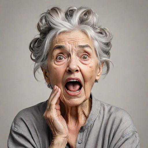 scribbly unfinished sketch, old lady with messy gray hair in a loose bun, surprised expression, mouth open, hands clasped together in front of her chest. Her eyes are wide, eyebrows are furrowed. vibe of shock or surprise.