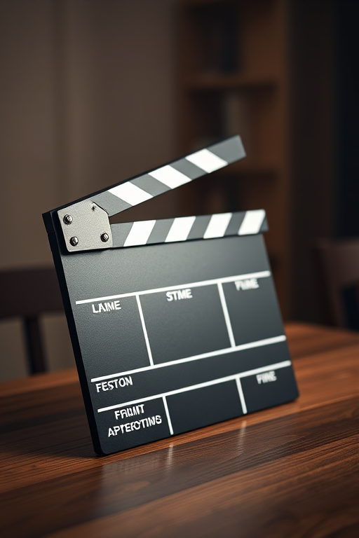 Create a high-resolution image of a film clapperboard positioned at a slight angle on a wooden table, with soft lighting from above, using a DSLR camera with a 50mm lens, aperture set to f/2.8, ISO 100, and a shutter speed of 1/60s for optimal clarity and detail.