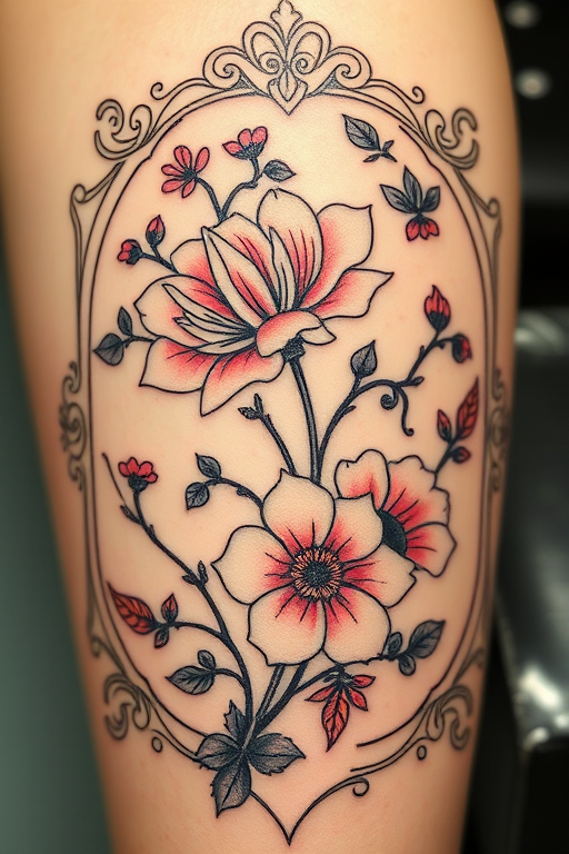 Art nouveau-inspired tattoo featuring elegant floral motifs and flowing lines, muted pastel color palette, ornate frame-like border, feminine and romantic aesthetic