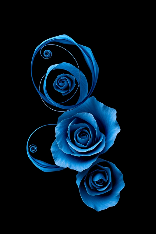 Create a high-resolution abstract design featuring intertwined blue spirals and rose shapes against a black background, captured with a Canon EOS R5, 50mm lens, f/2.8 aperture, ISO 100, 1/200 sec shutter speed, with a soft focus effect for added depth.