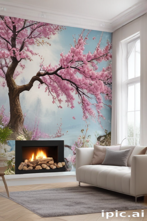 Cozy Living Room Featuring a Beautiful Cherry Blossom Mural and Fireplace
