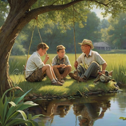 Imagine a small group of old fashioned young boys out fishing by the creek, a swing hanging from a tree branch, reeds and grasses by the water's edge, a frog sitting on a lily pad, dragonflies hovering over som water plans, a very iconic old fashioned scene reminiscent of a Norman Rockwell painting style