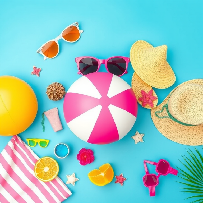regenerate a vibrant, flat lay image of colorful summer accessories including sunglasses, a beach ball, flip flops, and tropical elements against a bright blue background, using a Canon EOS R5 camera, 50mm lens, f/2.8 aperture, ISO 100, and natural lighting for enhanced color quality and clarity