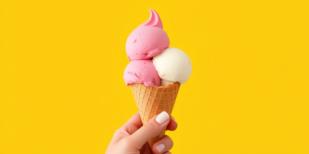 Create a vibrant illustration of a hand holding a cone with two scoops of ice cream, one pink and one white, in a warm yellow background, using a digital art style, shot with a Canon EOS R5, 50mm lens, f/2.8 aperture, ISO 100, and vibrant color settings.