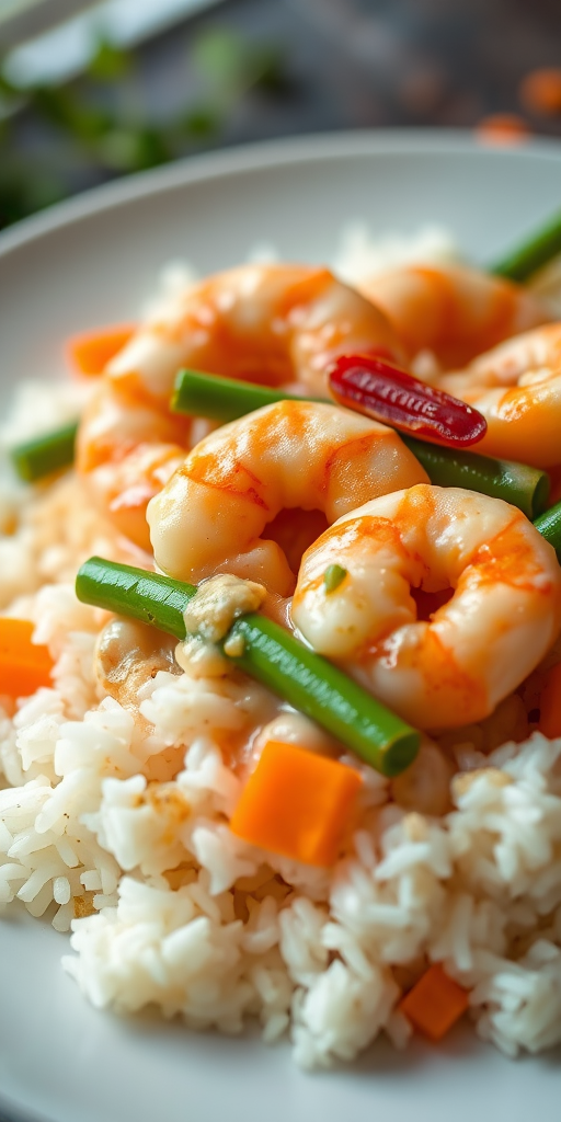 Close-up shot of a plate of shrimp with creamy sauce on a bed of fluffy white rice, garnished with green beans and diced carrots, natural lighting, aperture f/2.8, ISO 200, shutter speed 1/125s, DSLR camera, shallow depth of field.