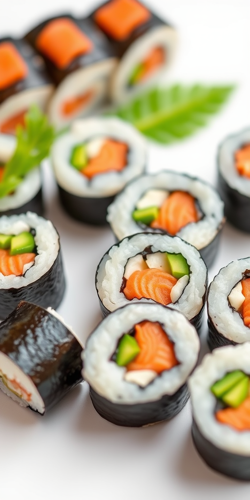 Create a high-resolution image of sushi rolls on a white background, using a DSLR camera with a 50mm lens, aperture set to f/2.8 for a shallow depth of field, and a soft, diffused lighting setup to enhance colors and textures.