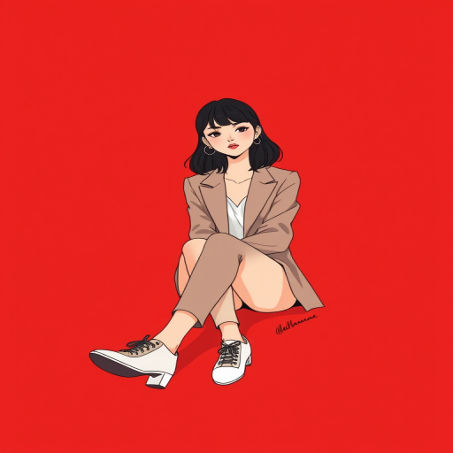 Create a minimalist illustration of a girl sitting in a red background, wearing a stylish blazer and fashionable shoes, captured with a DSLR camera at f/2.8 aperture, ISO 100, 50mm lens, front view, vibrant color saturation.