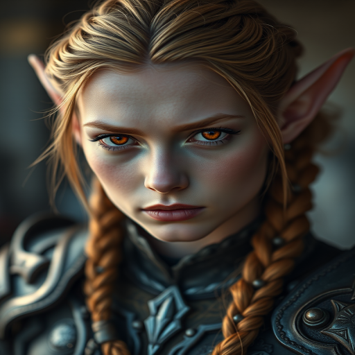 Create a highly detailed portrait of a female elf with orange eyes and braided hair, wearing intricate armor, with soft lighting, using a Canon EOS R5, 85mm lens, f/1.2 aperture, ISO 100, and a shallow depth of field for a blurred background.