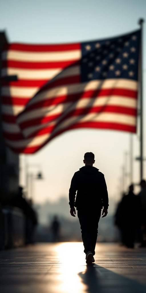 Create an image of a silhouette of a person walking with a background featuring the American flag, focus on clear detail, shot with a DSLR camera at f/4, ISO 100, 1/200 sec, in landscape orientation, using a shallow depth of field for enhanced focus on the silhouette.