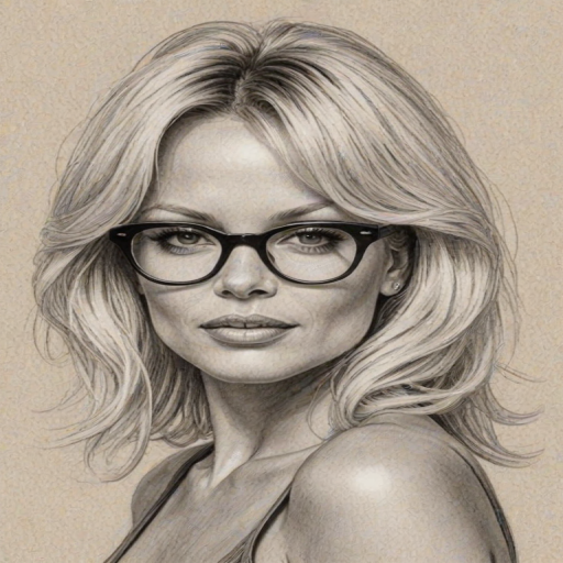 Alluring Pamela Anderson, pencil sketch, portrait of Lovely woman 1923s in glasses, hair style beatnik, outline, clear lines, fine lines, 8k