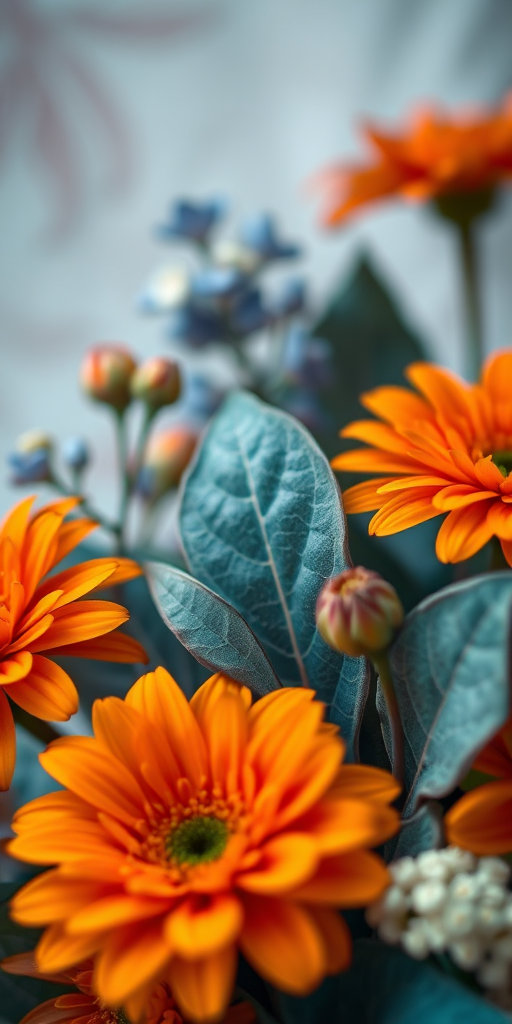 Create an artistic floral arrangement featuring orange flowers and blue leaves with a soft focus background, using a DSLR camera, f/2.8 aperture, 50mm lens, 1/200 sec shutter speed, with a slight vignette effect for depth.