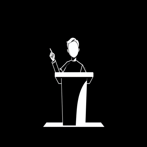 Create a minimalist black and white illustration of a person standing behind a podium holding a pointer, with a clear and sharp focus, using a DSLR camera at f/2.8, ISO 100, 1/200s shutter speed, with a medium close-up view and a solid black background for enhanced contrast.
