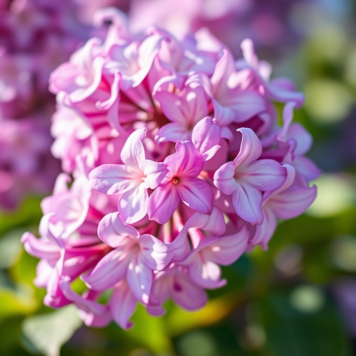 lilac flowers blooming on a stem with green leaves, soft natural lighting, focus on flower details, macro lens, f/2.8 aperture, ISO 100, shot with a DSLR camera, 50mm lens, shallow depth of field