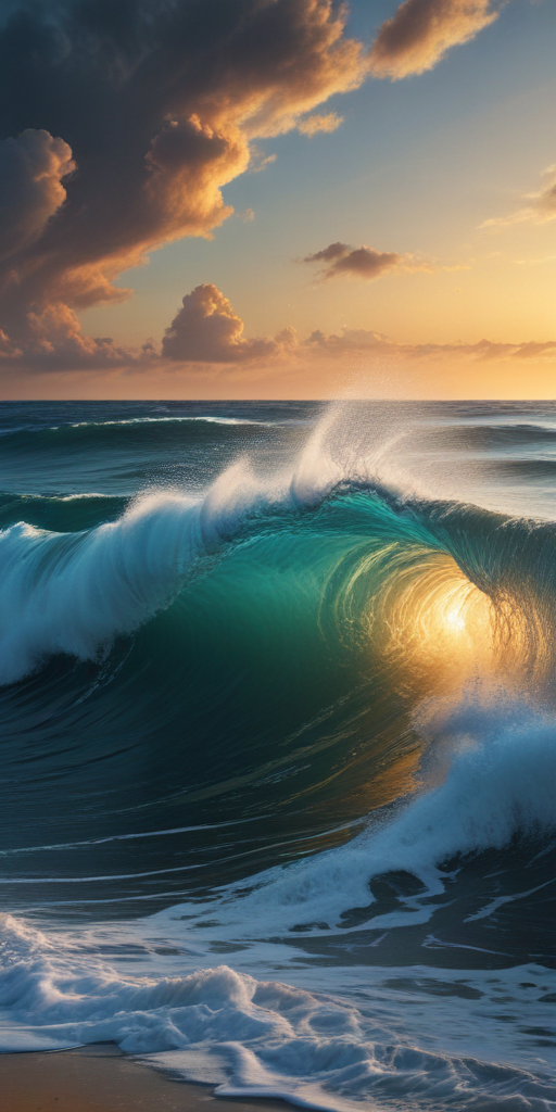 Majestic Ocean Wave Glowing Under a Stunning Sunset Sky with Clouds