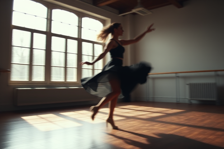Blurry action shot of a dancer spinning gracefully in a dimly lit studio, her movements a blur of motion, with soft light filtering through large windows and casting long shadows on the wooden floor.