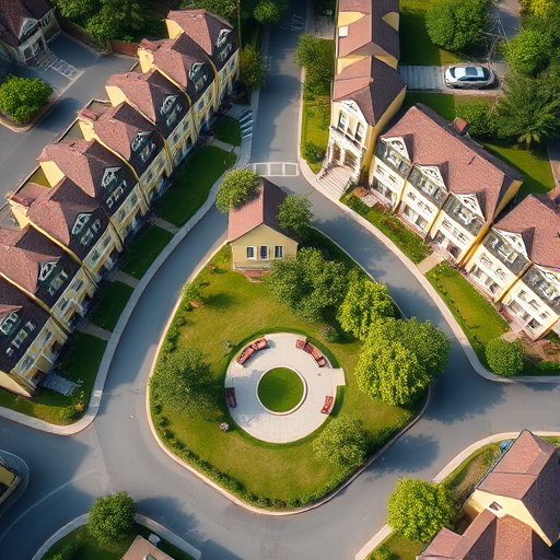 Generate an isometric view of a suburban neighborhood with rows of pastel yellow houses, manicured lawns, and a small park featuring a circular seating area and green trees, captured with a DSLR camera at f/8, ISO 100, 35mm lens, and natural daylight.