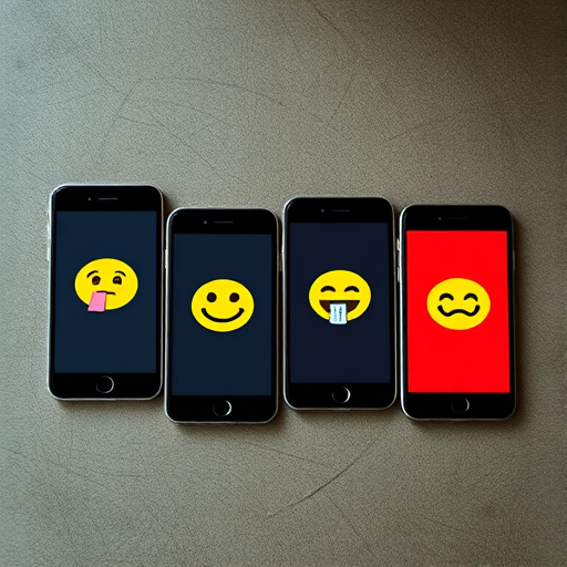 Create an image of four smartphones arranged in a row displaying emoticons, with two showing a yellow smiley face and two showing a red sad face, shot with a Canon EOS R5, 50mm lens, f/1.8 aperture, ISO 100, natural light, top-down view on a textured surface for enhanced clarity and color contrast.