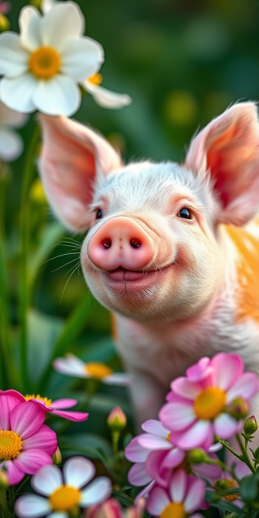 Create a cute and whimsical close-up of a cheerful piglet surrounded by blooming flowers and greenery, soft natural lighting, shallow depth of field, f/2.8 aperture, 50mm lens, DSLR camera, vibrant colors, enhance image quality with a focus on details in the piglet's fur and facial expression.
