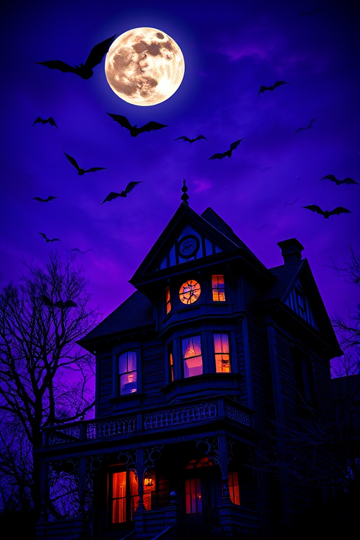 Haunted Victorian house at night, purple sky with a full moon, bats flying, illuminated windows, low angle view, ISO 200, f/8, 1/60 sec, HDR photography, digital art style.
