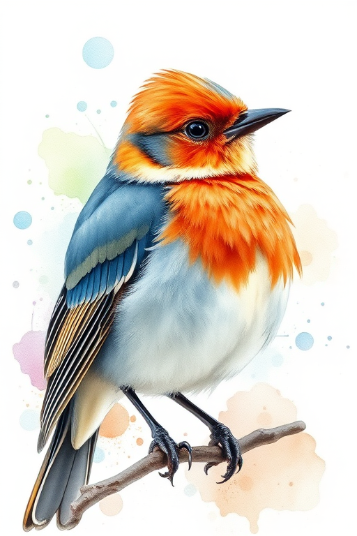 Create a high-resolution watercolor illustration of a bird with detailed feathers and soft background splashes, using a Canon EOS R5 with a 100mm f/2.8 macro lens, aperture set to f/4, ISO 100, and shooting at a distance of 2 feet for vibrant colors and sharp details.