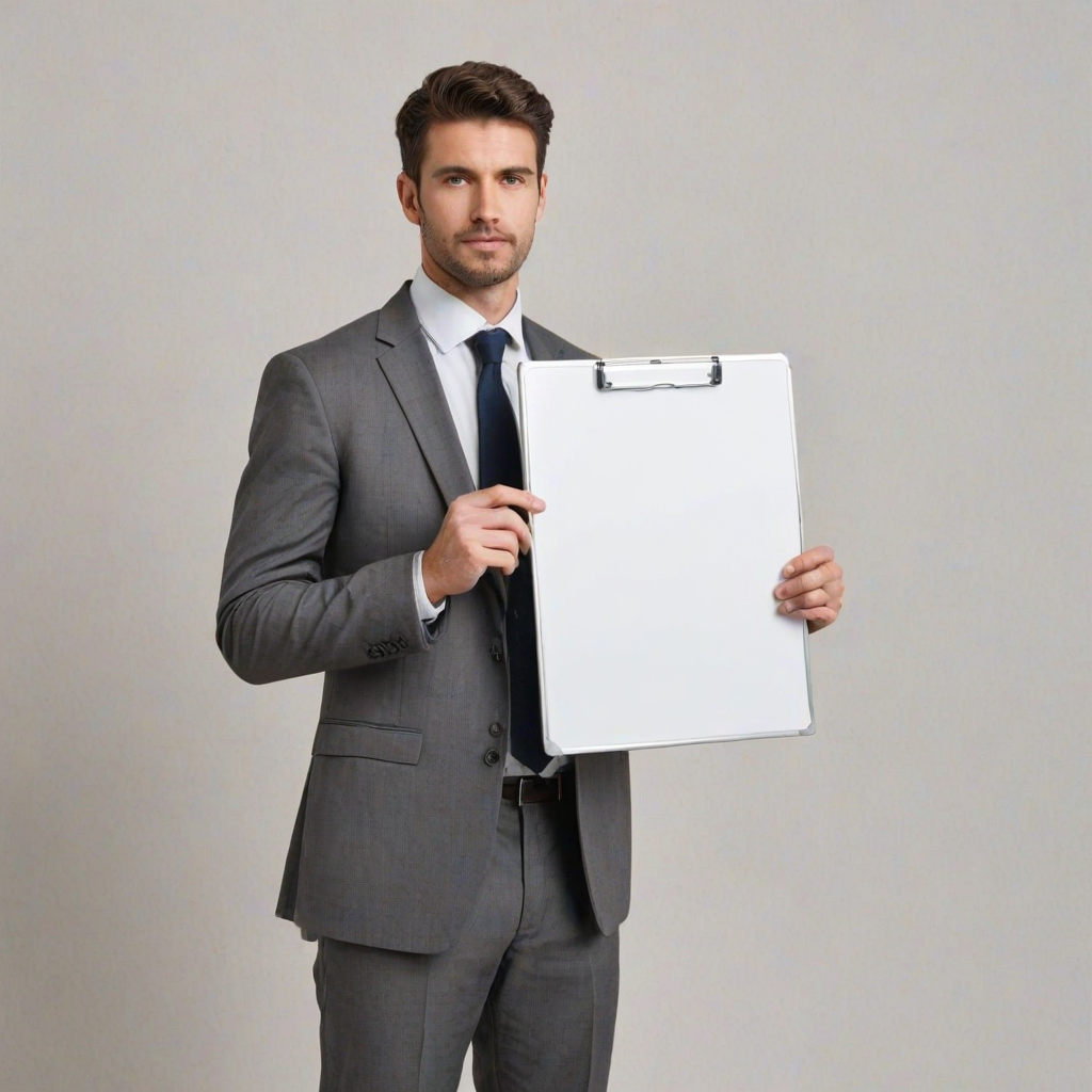 Create an image of a professional individual in a business suit, holding a large blank whiteboard in front of their face. The background should be neutral to emphasize the person and the blank board. Make sure the person's hands are visible, and they are positioned at mid-chest level, showcasing the blank space clearly.
