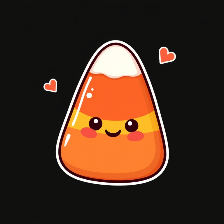 this image is a kawaii Delightful candy corn sticker, 3d digital art, black background, sticker line weight