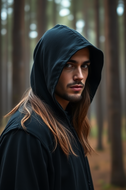 Portrait of a handsome man with long hair wearing a black hooded cloak, set in a mysterious forest with tall trees, natural lighting, shallow depth of field, f/2.8 aperture, 85mm lens, DSLR camera, vibrant colors and high contrast.