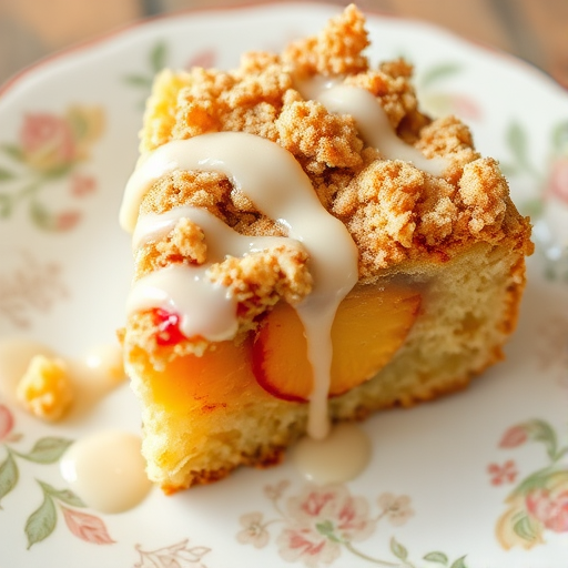 A slice of peach crumb cake on a decorative plate with a golden crust and crumbly topping drizzled with a creamy glaze showcasing juicy peach slices inside.