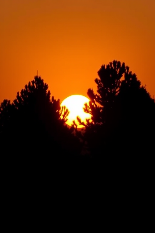 Generate a serene sunset scene with a large yellow sun setting behind a dark silhouette of pine trees, captured with a DSLR camera at f/8, ISO 100, 24mm lens, in landscape orientation, using a wide-angle perspective for enhanced depth and clarity.