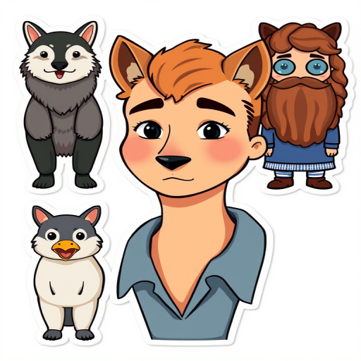(animal/man/female), that resembles the (object/famous person) on a sticker sheet, with (matching) elements clipart, (color/no) background, isolated on a white background,  white outline around each bookmark, leave a margin on each side of the sheet.