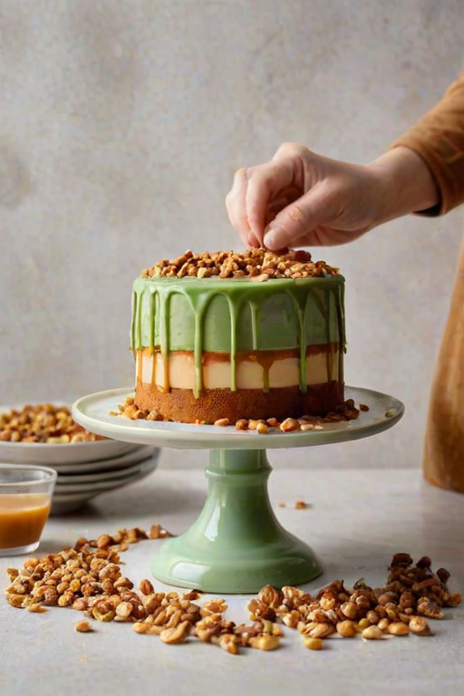 Create an image of a layered cake on a white pedestal stand. A hand is pouring a rich caramel sauce from a light green pitcher onto the top of the cake, which is decorated with crushed nuts. The background is neutral and softly lit to enhance the focus on the cake.
