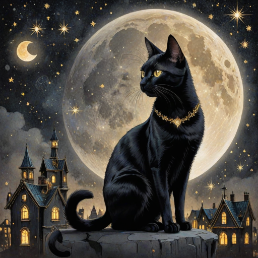 a stylized black cat with iridescent golden arabesques all over its body, on a grungy smoky black background with matching celestial designs, a full moon with silhouettes of lit houses, bright shooting stars, dazzling, magical BG, reminiscent of Christmas wonderland