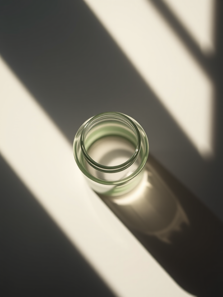 Create a high-resolution image of a jar, captured in natural light with a Canon EOS R5, 50mm lens, f/1.8 aperture, 1/200 sec shutter speed, top-down view, minimalistic style, emphasizing sharp lines and shadows for depth.