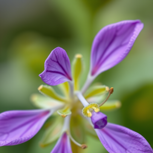 Create an illustration of a vibrant purple flower with delicate green leaves and small yellow accents, using a soft focus lens and a macro perspective, with a digital art style to enhance the colors and texture.