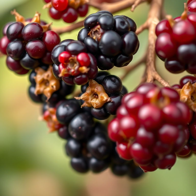 Close-up of ripe and unripe blackberries on a branch with a blurred natural background, shot with a Canon EOS R5, 50mm lens at f/2.8, ISO 100, natural light, macro photography style.