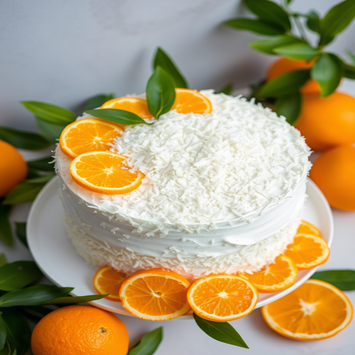 A beautifully decorated cake with a fluffy white frosting topped with a generous layer of coconut flakes and arranged with vibrant orange slices and segments around the edge. The cake is placed on a white plate with fresh green leaves and bright oranges in the background, creating a fresh and inviting atmosphere.