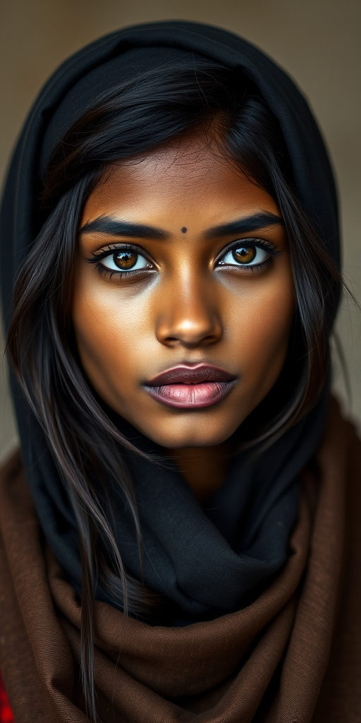 Create a portrait of a young Sri Lankan woman with long, dark hair and captivating hazel eyes. She is wearing a dark headscarf and a matching scarf draped gracefully around her neck. The background is softly blurred, focusing attention on her serene and natural expression. The overall color palette is muted and warm, enhancing the intimate and authentic feel of the portrait.