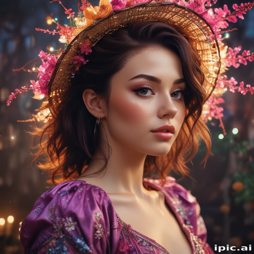 Enchanting Portrait of a Young Woman with Floral Hat and Elegant Dress
