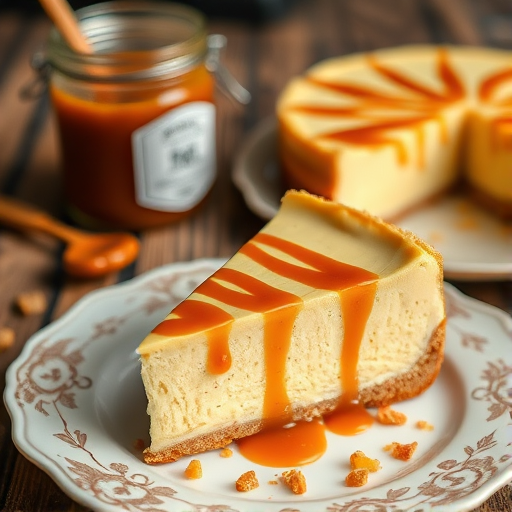 A slice of creamy cheesecake with a caramel drizzle on top served on a decorative white plate with crushed toffee bits sprinkled on it, accompanied by a jar of caramel sauce in the background, all set against a rustic wooden table.