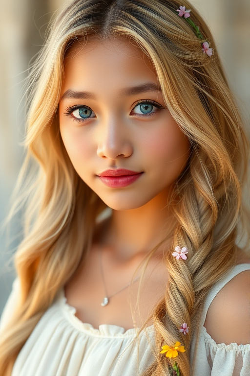 Create an image of a young Filipino woman with long, wavy blonde hair, adorned with small, colorful flowers woven into her braids and loose strands. Her complexion is fair, with soft, glowing skin, and she has light blue eyes that gaze softly at the viewer. She wears a light, flowing dress with a gentle, ethereal quality, complementing her delicate and serene appearance. The background is slightly blurred, drawing focus to her tranquil expression and the intricate details of the flowers in her hair. The overall mood of the image is one of natural beauty and grace, evoking a sense of peacefulness and connection with nature.