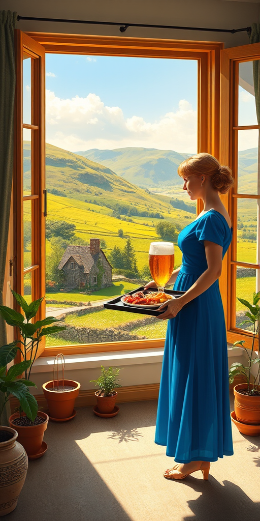 In "A Glass of Beer on the Highland," a serene scene is depicted in a sunlit room where a woman in a vibrant blue dress stands by a large window. She holds a tray with a hearty meal and a frothy glass of beer, embodying a moment of relaxation. Outside, the breathtaking highland landscape features rolling green hills and a charming traditional house, all bathed in warm afternoon light. The interior is adorned with potted plants, creating a harmonious blend of comfort and nature. The painting beautifully captures the tranquility and joy found in simple pleasures amidst stunning scenery