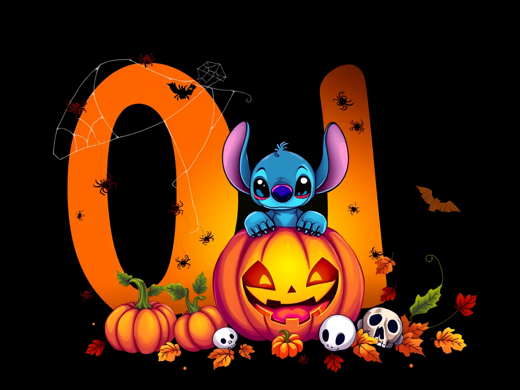 A whimsical and vibrant Halloween-themed digital illustration featuring the letter "O" adorned with spider webs, small bats, and cute spiders. At the base of the letter, a playful alien character similar to Stitch is peeking out from inside a carved pumpkin with glowing eyes, surrounded by additional pumpkins, a small skull, and autumn leaves. The letter is gradient-colored from orange to purple, adding a magical atmosphere to the scene, black background