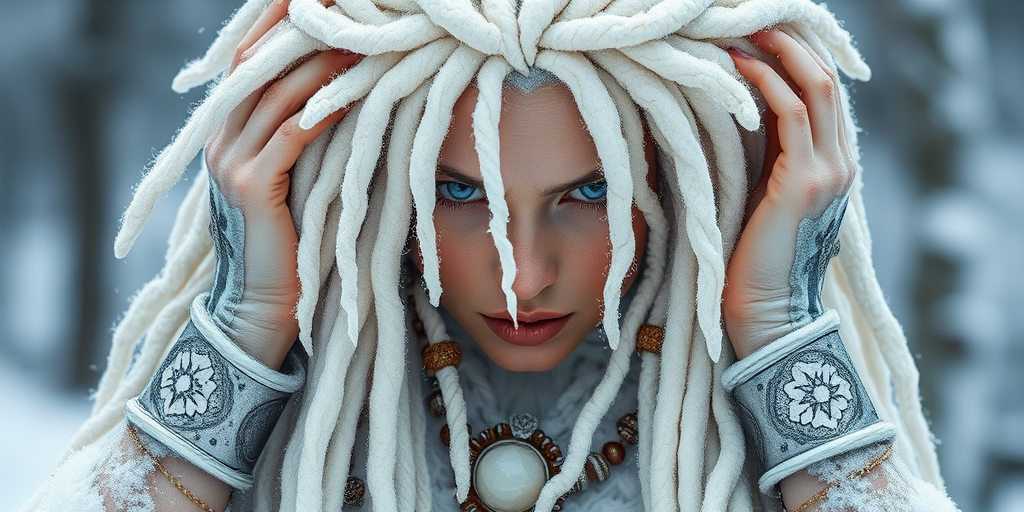 Icy white dreadlocks adorned with crystal beads and silver cuffs, radiating mystical energy and winter magic, aptly named Frost Shaman