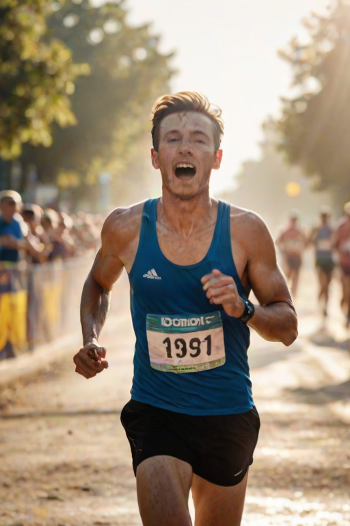 Blurry, action shot of a runner crossing the finish line, sweat dripping down their face, crowd cheering in the background, sunlight catching the medal around their neck, dust kicked up from the ground as they sprint, focus on the determination in their eyes.
