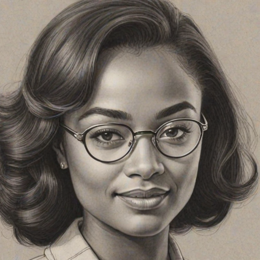 Delightful Tatyana Ali, pencil sketch, portrait of Lovely woman 1960s in glasses, hair style beatnik, outline, clear lines, fine lines, 8k
