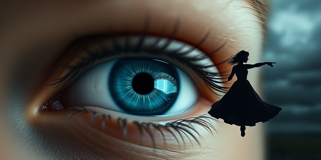 A dramatic close-up of a striking blue eye with a silhouette of a woman in a flowing dress pointing, with moody clouds in the background, taken with a Canon EOS R5, 50mm lens, aperture f/1.8, ISO 100, shot from eye level, using a soft focus style to enhance depth and detail.