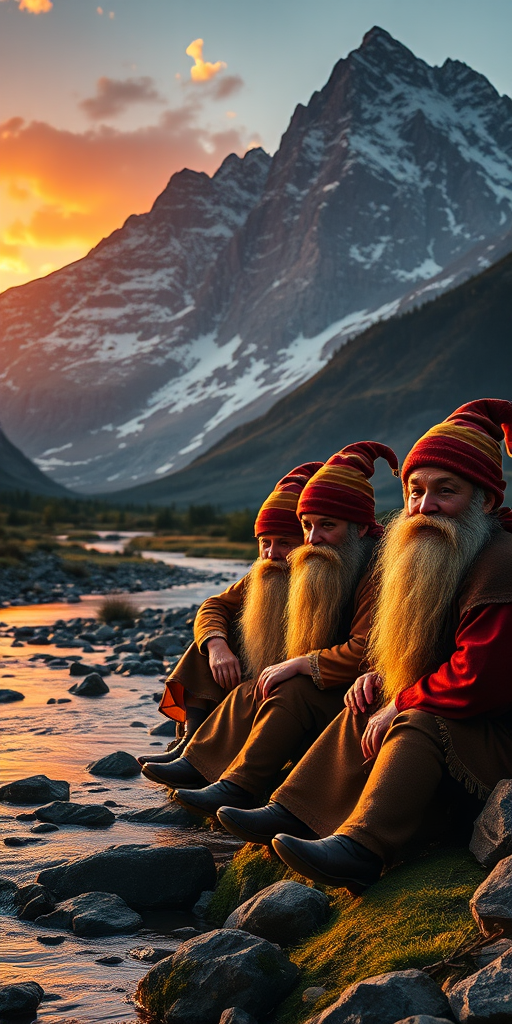 A scene depicting three wise dwarves with long beards, sitting by a gentle stream in a majestic mountain landscape during sunset, high detail, vibrant colors, shot with a Canon EOS R5, 50mm lens, f/1.8, ISO 100, natural light to enhance the warm glow and rich textures.