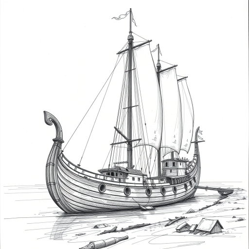 A detailed sketch of a Viking longship with raised sails, docked by the shore, captured using a DSLR camera at f/8 aperture, ISO 200, 50mm lens, with a wide-angle view to enhance the intricacies of the ship's design.
