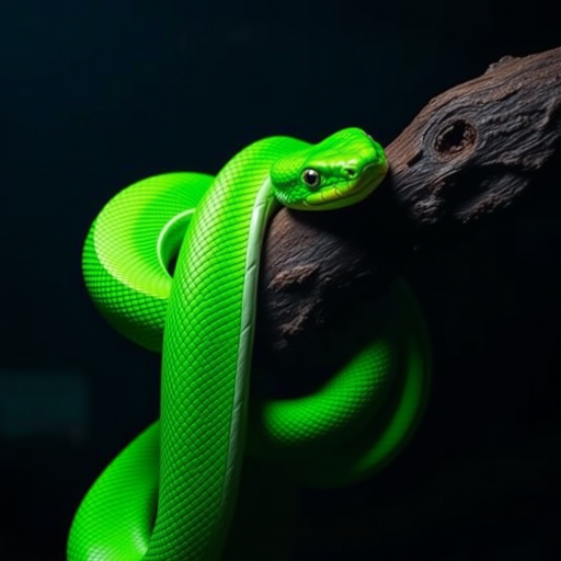Create an image of a vibrant green snake coiled around a dark, textured branch in a dimly lit environment, focusing on the snake's intricate scales and the contrast between the green and the brown of the branch.